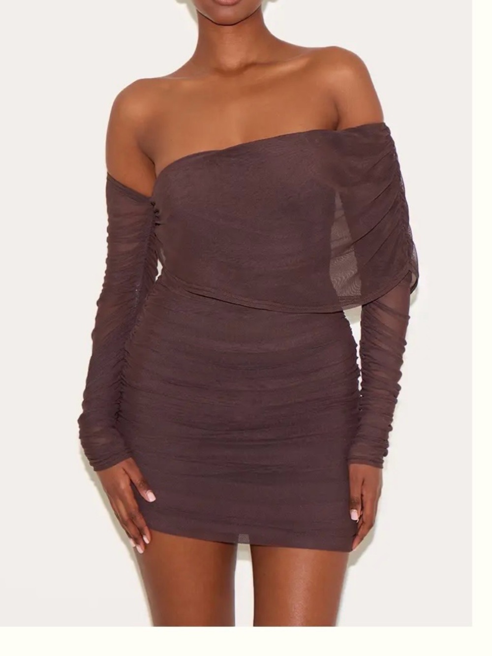 PrettyLittleThing Chocolate Brown Off-Shoulder Ruched Mini Dress